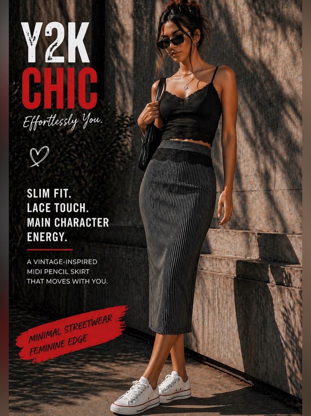 Viral Y2K Pinstripe Midi • Lace • High Waist Pencil • Streetwear to Office Chic